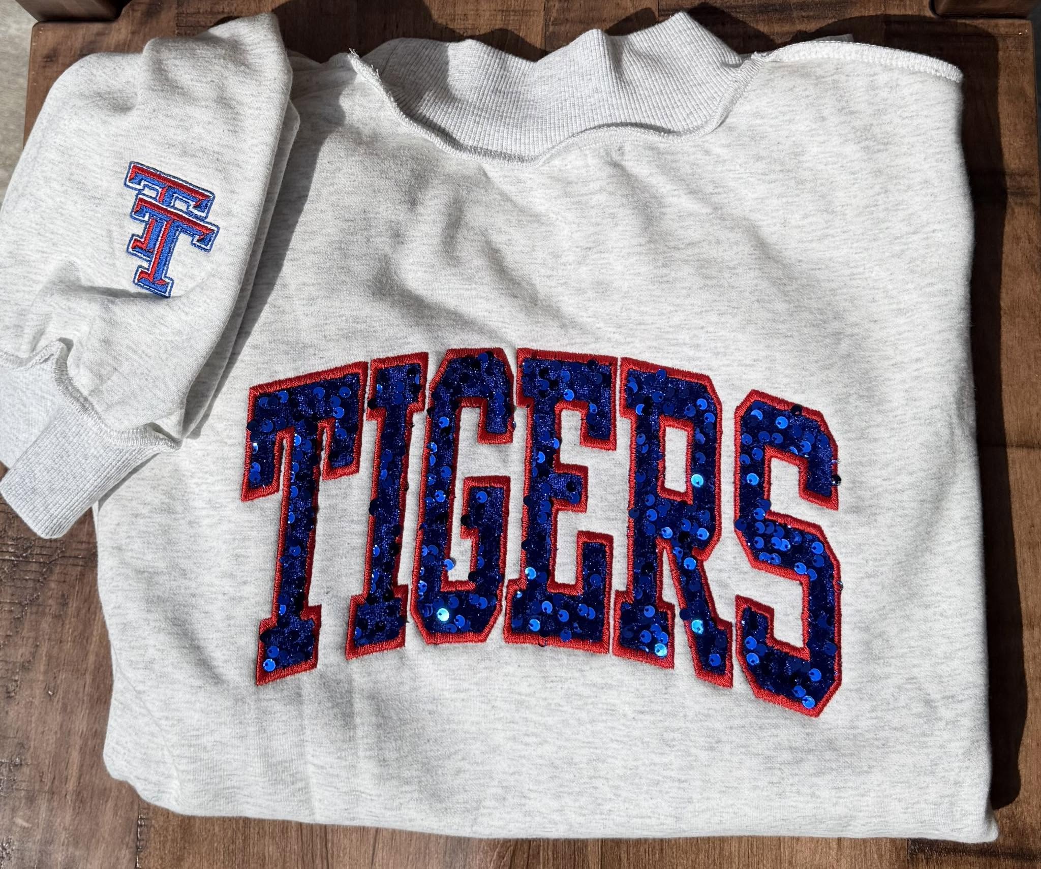 Tigers Sequins Comfort Color Ash Grey w/ Sleeve Mockneck